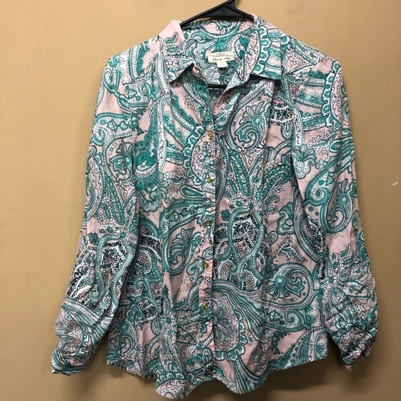 Charter Club Pink Green Paisley Linen Collared Button Down Shirt Casual Size PM - Picture 1 of 5